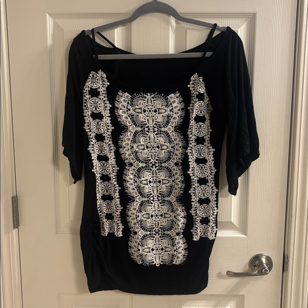 Chic Black Blouse with White Lace Detailing